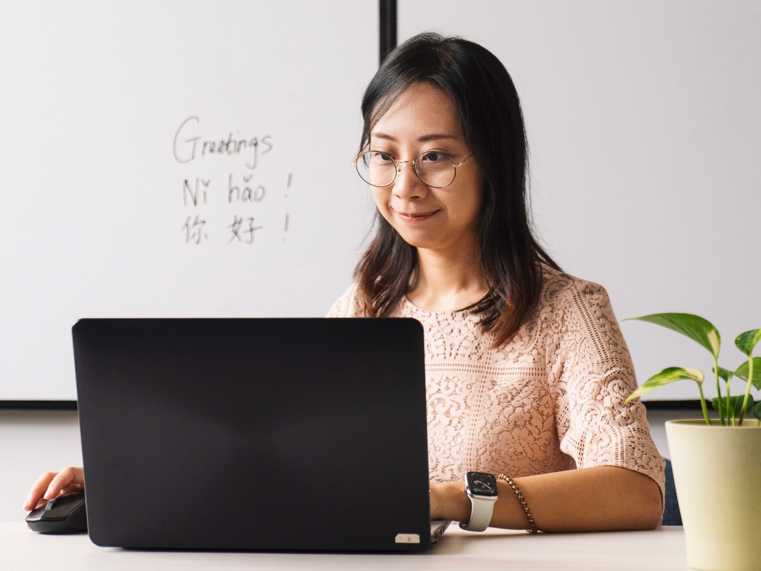 Teacher in an online language lesson